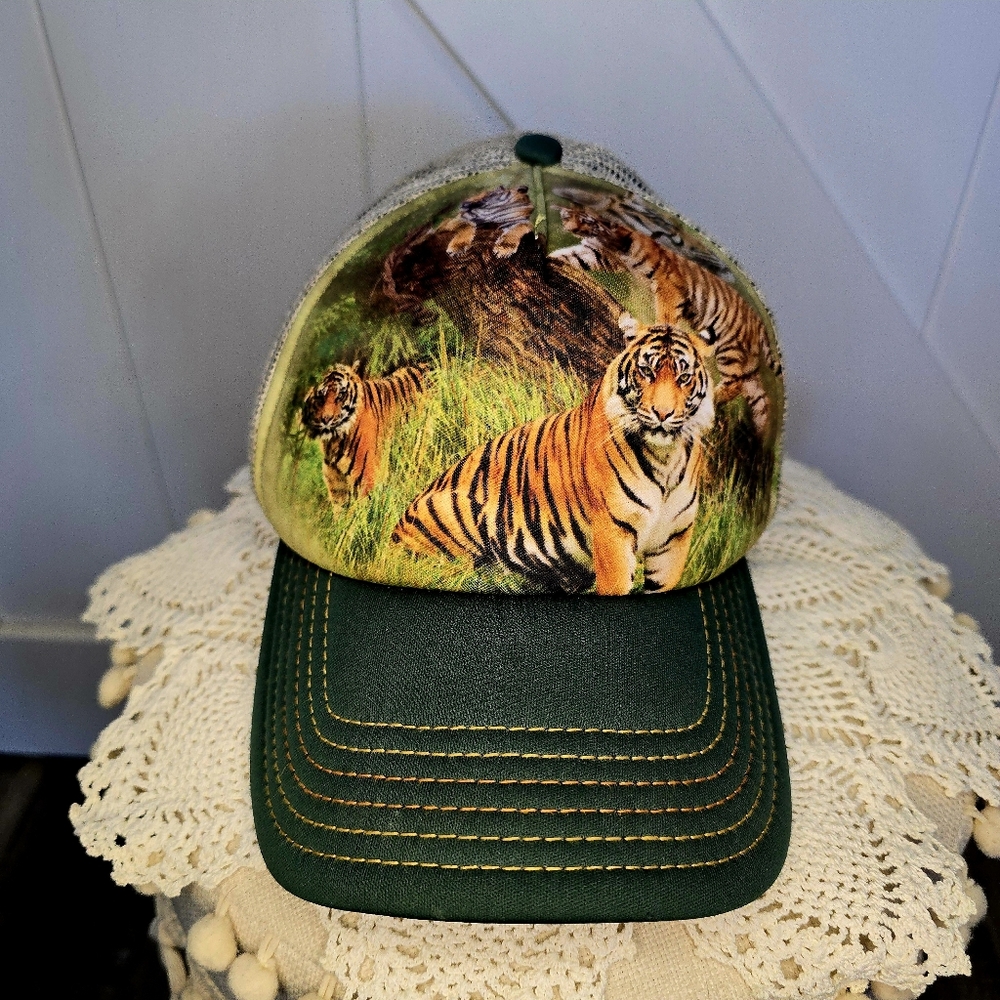 The Mountain Brand Green Tiger Print Trucker Hat / Cap